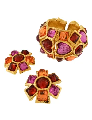Alexis Lahellec Vintage Multicolor Gold Statement Bracelet and Earrings Set