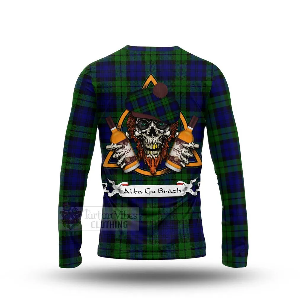 Bannatyne Tartan Long Sleeve T-Shirt with Family Crest and Bearded Skull Holding Bottles of Whiskey