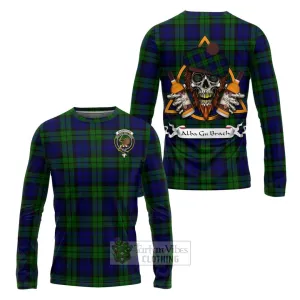 Bannatyne Tartan Long Sleeve T-Shirt with Family Crest and Bearded Skull Holding Bottles of Whiskey