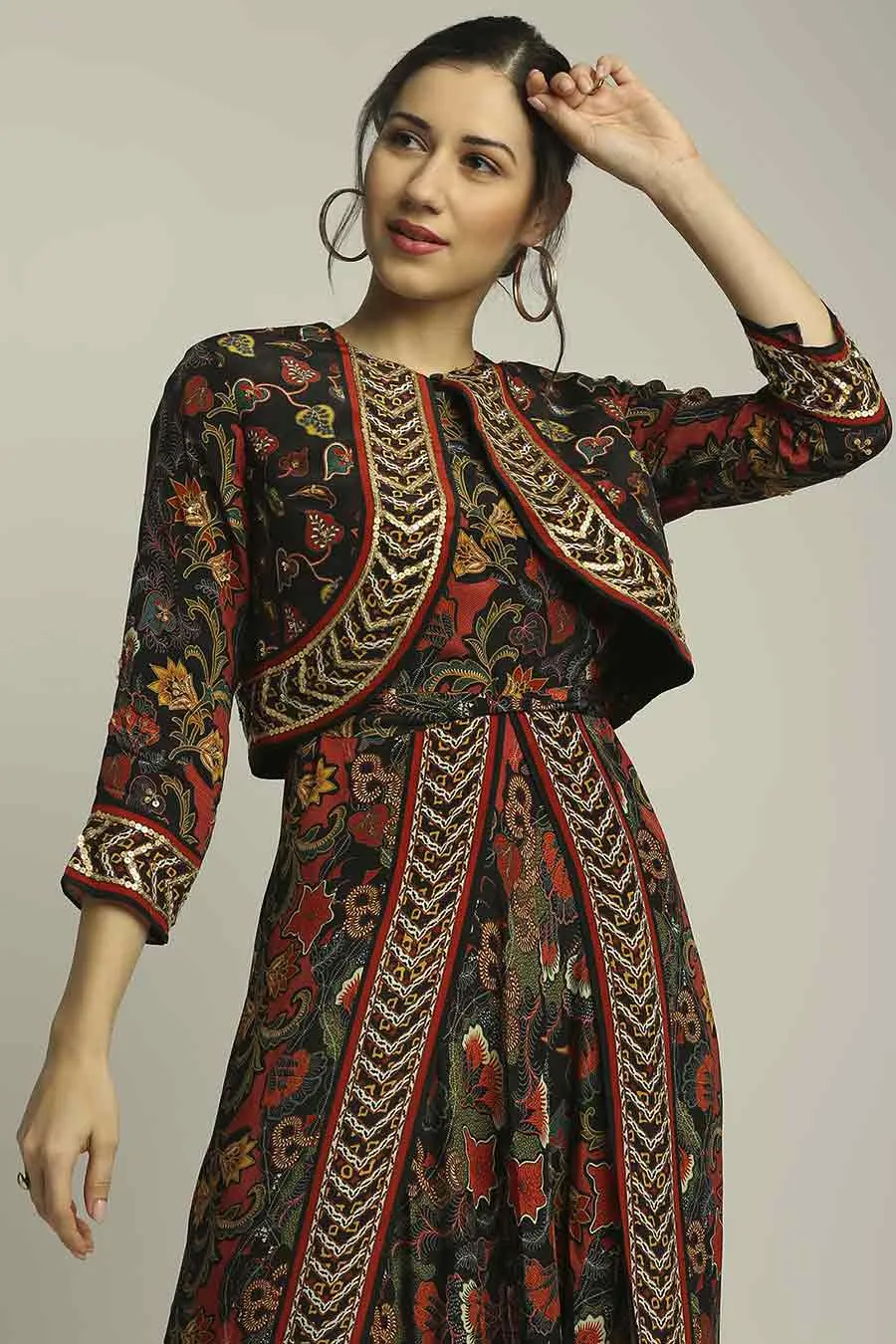 Batik Printed Dhoti Style Jumpsuit With Jacket
