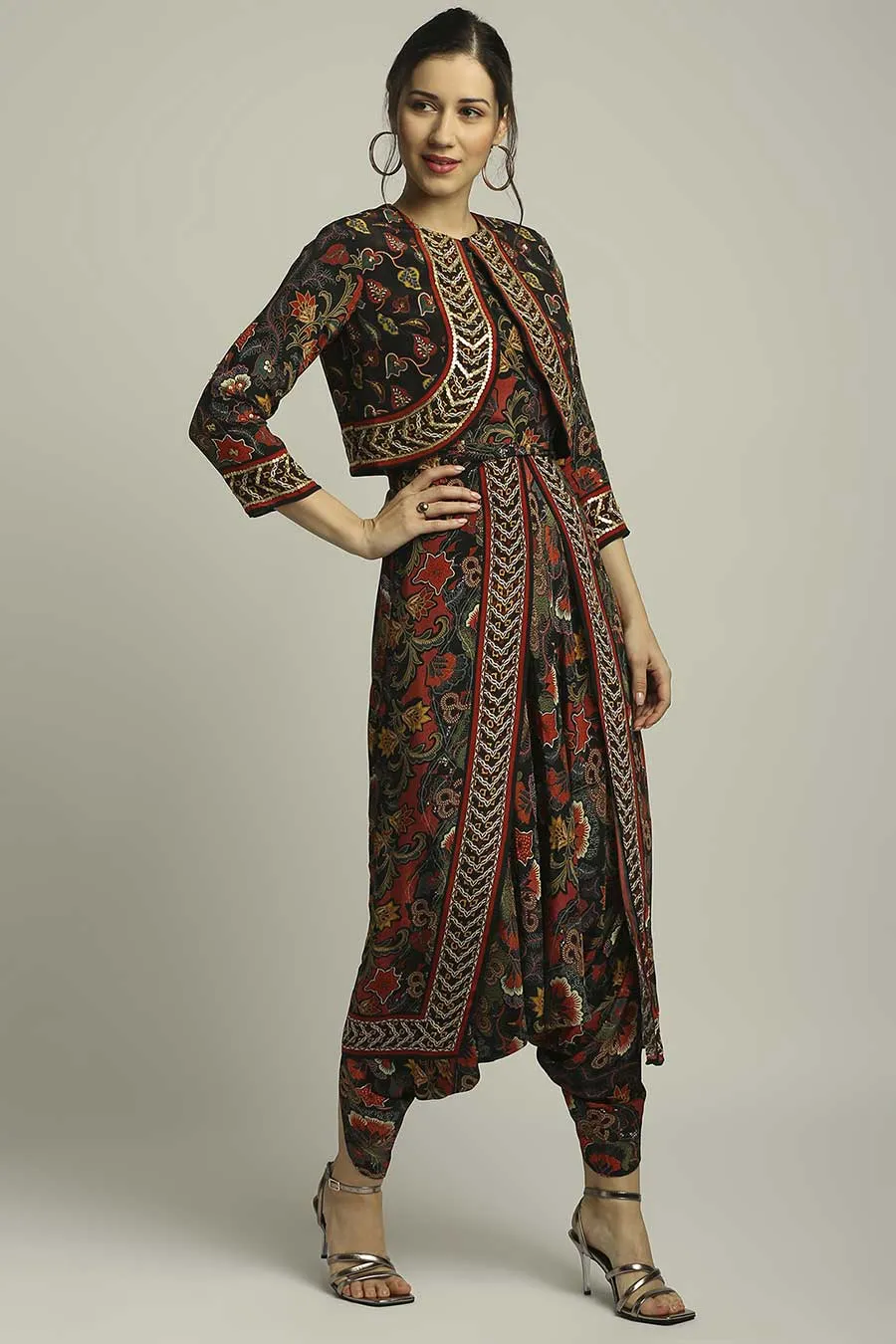 Batik Printed Dhoti Style Jumpsuit With Jacket