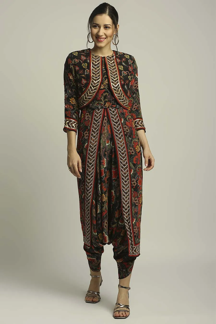 Batik Printed Dhoti Style Jumpsuit With Jacket