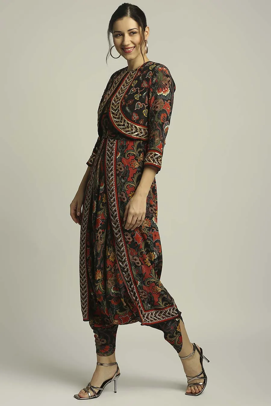 Batik Printed Dhoti Style Jumpsuit With Jacket