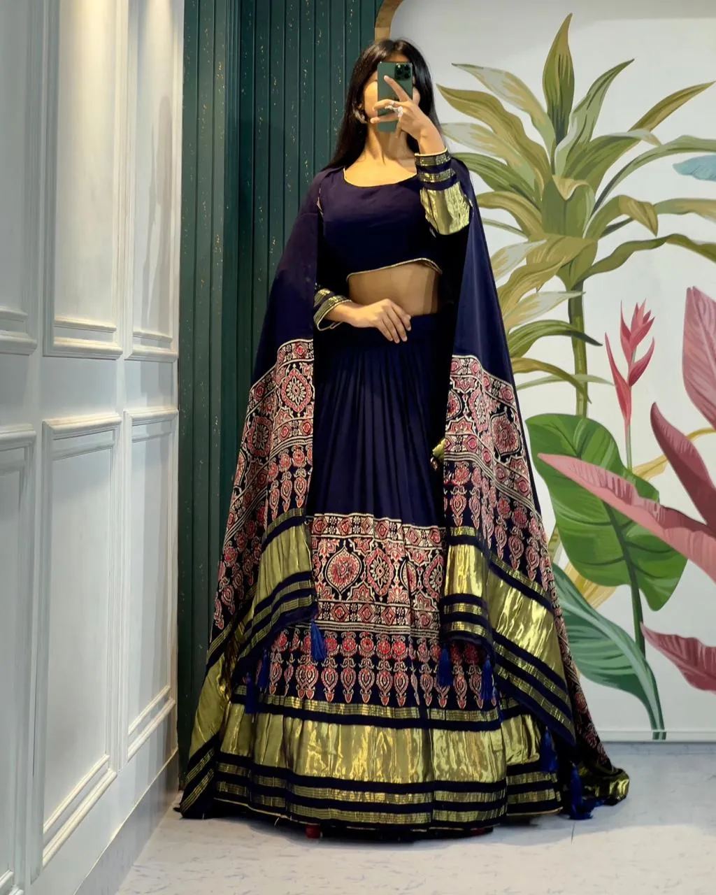 Beautiful Designer Pure Modal Ajrakh Handblock Print Gajji Silk Chaniya Choli
