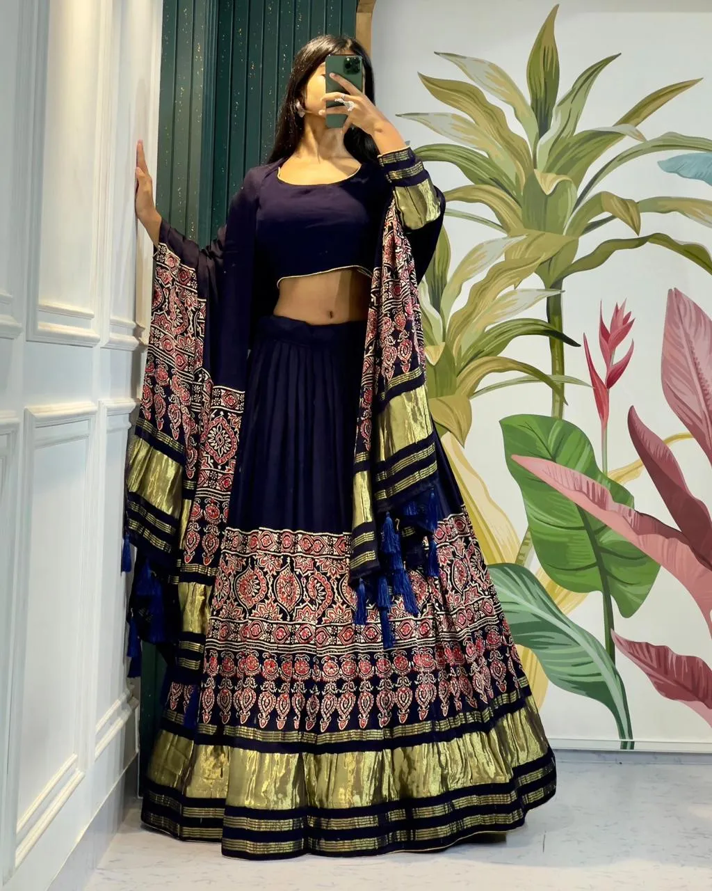 Beautiful Designer Pure Modal Ajrakh Handblock Print Gajji Silk Chaniya Choli