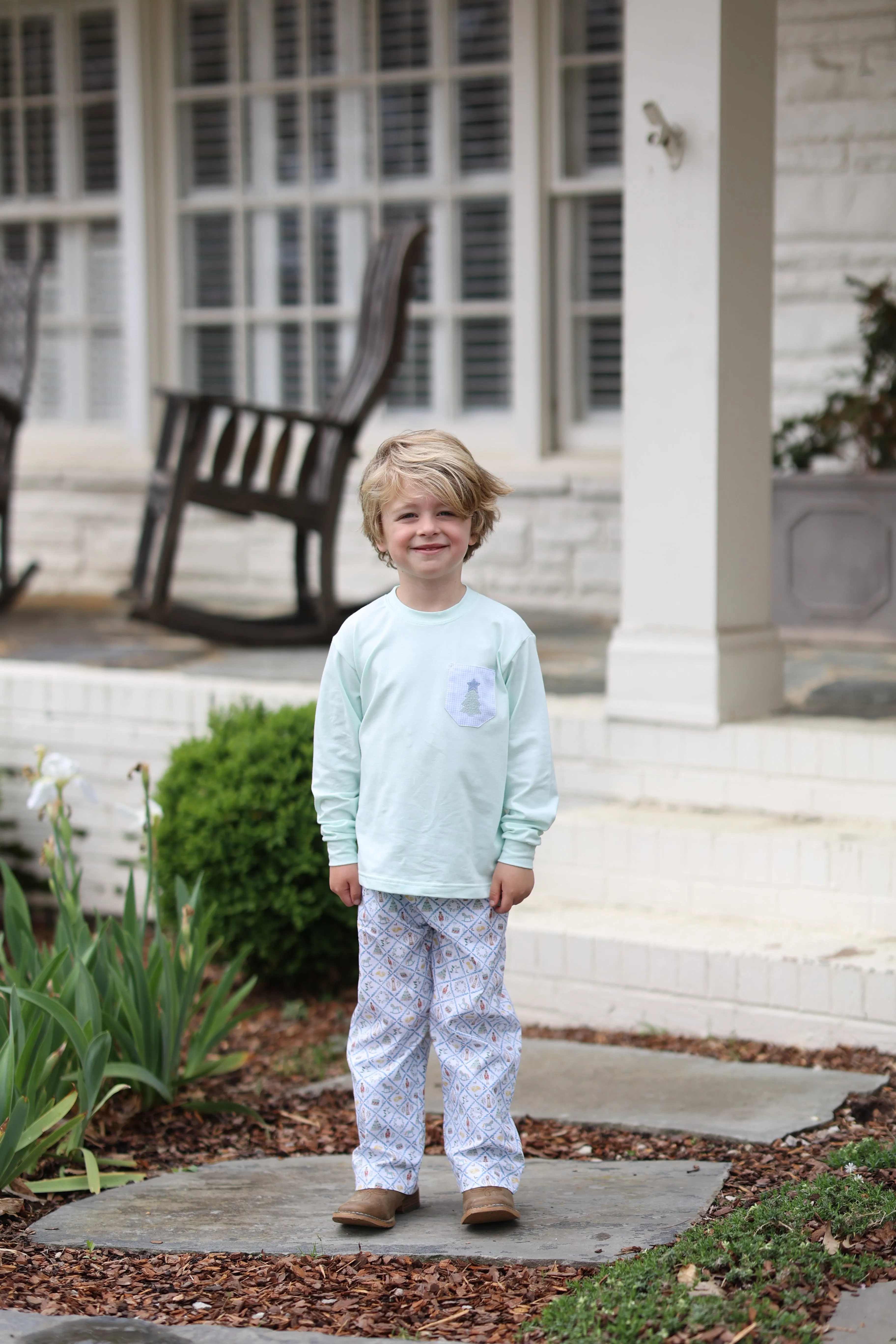 Boy Tee Long Sleeve Premium in Icy Mint Knit with Pocket w/ Mini Tree w/ Star