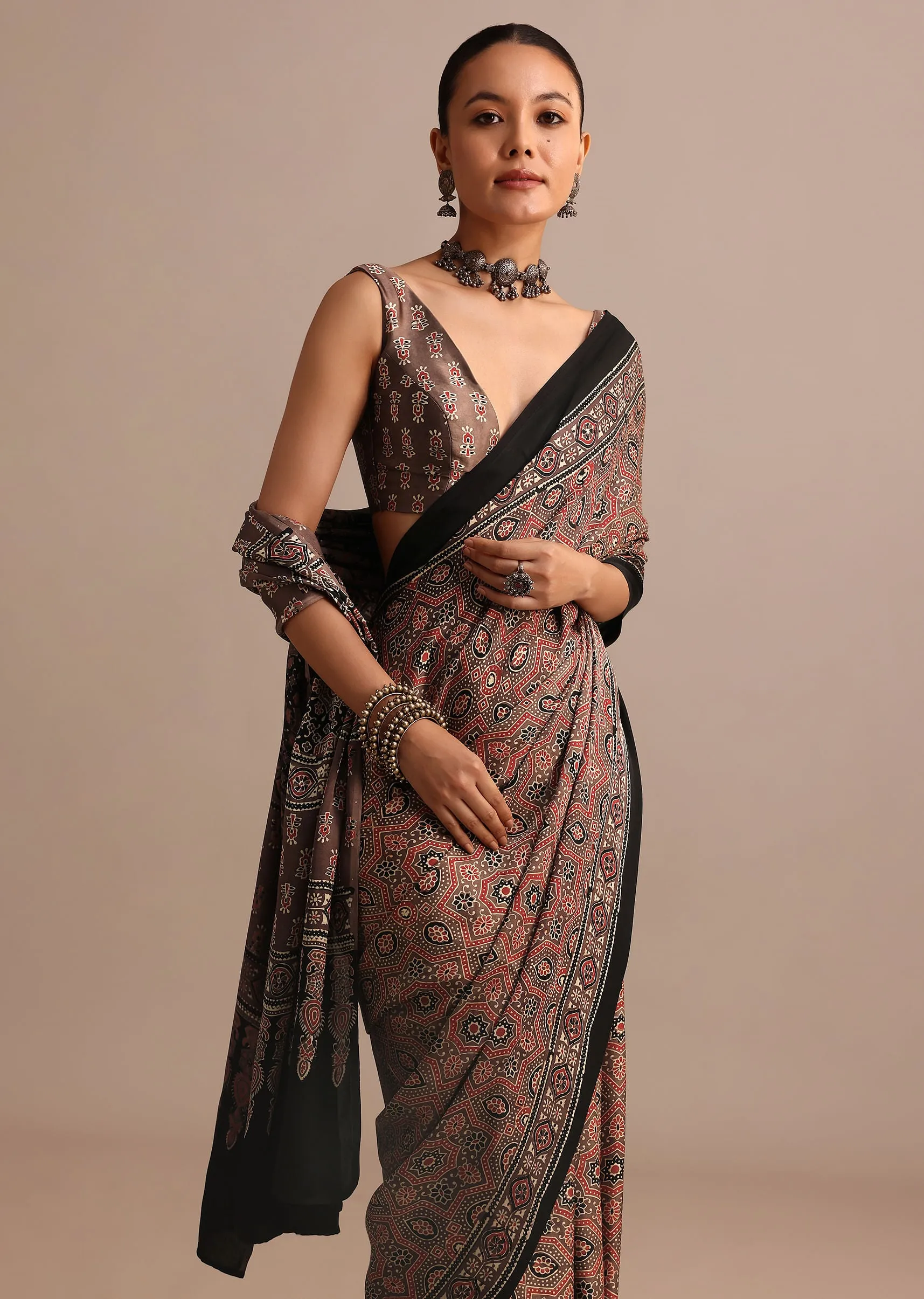 Brown Modal Satin Ajrakh Handblock Printed Saree