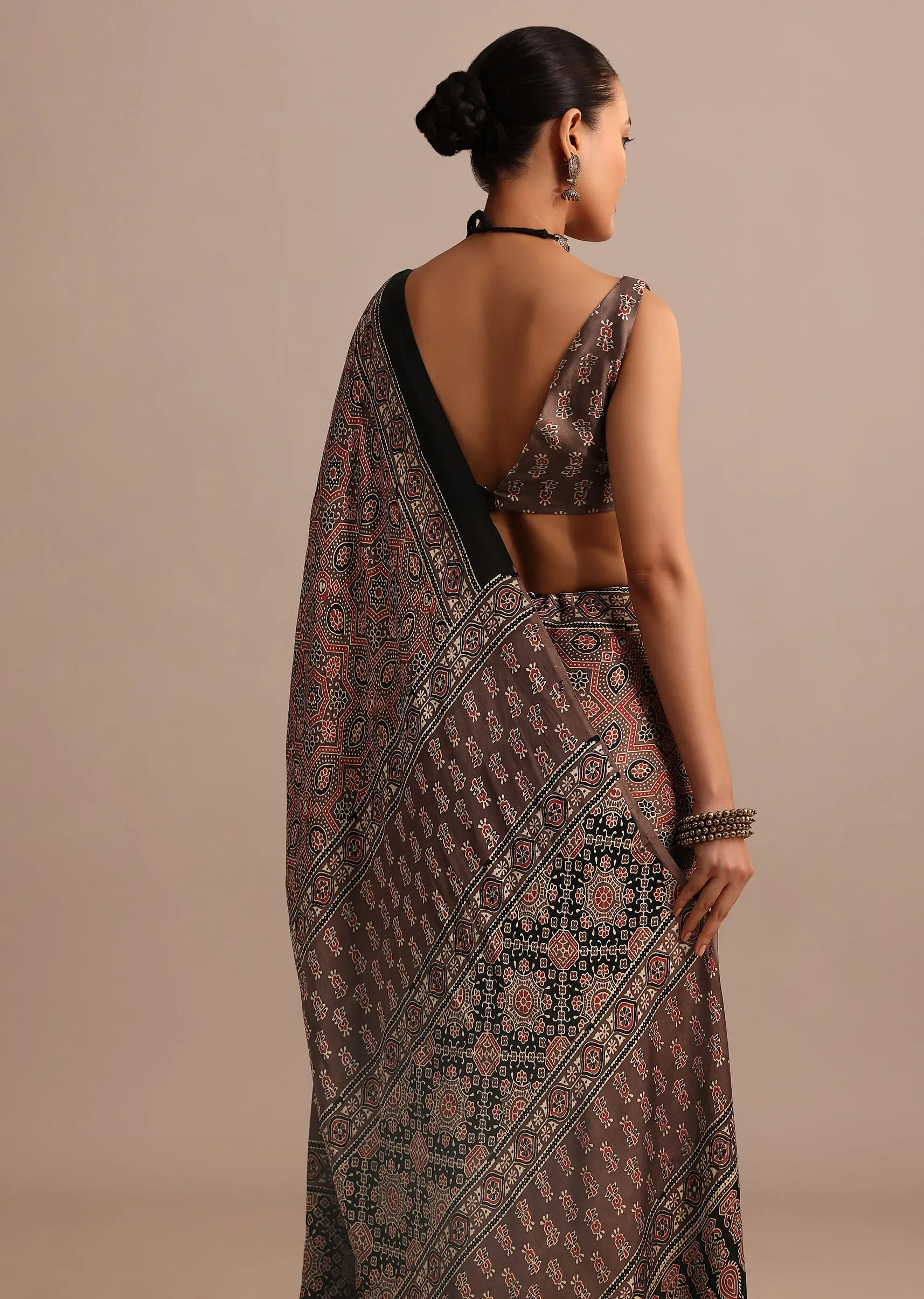 Brown Modal Satin Ajrakh Handblock Printed Saree