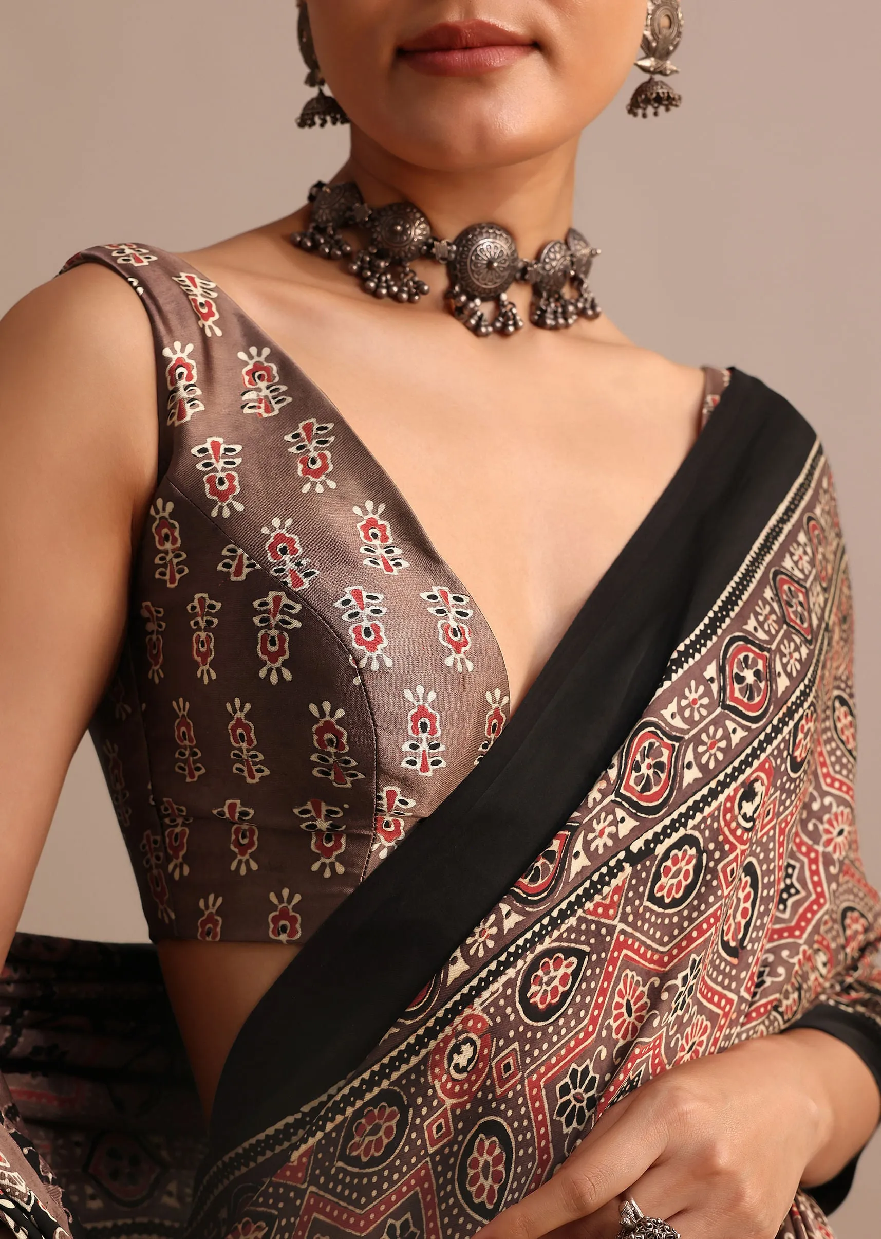Brown Modal Satin Ajrakh Handblock Printed Saree