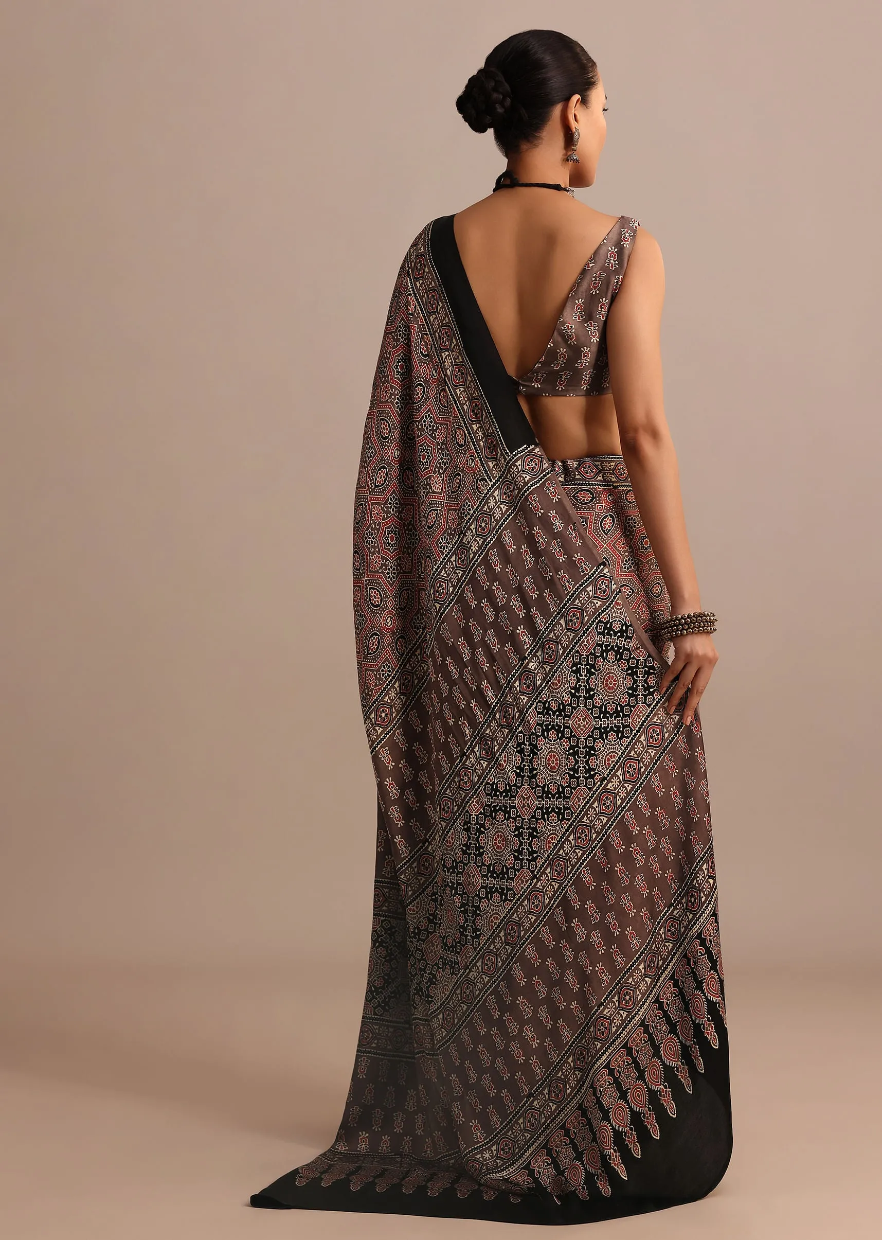 Brown Modal Satin Ajrakh Handblock Printed Saree