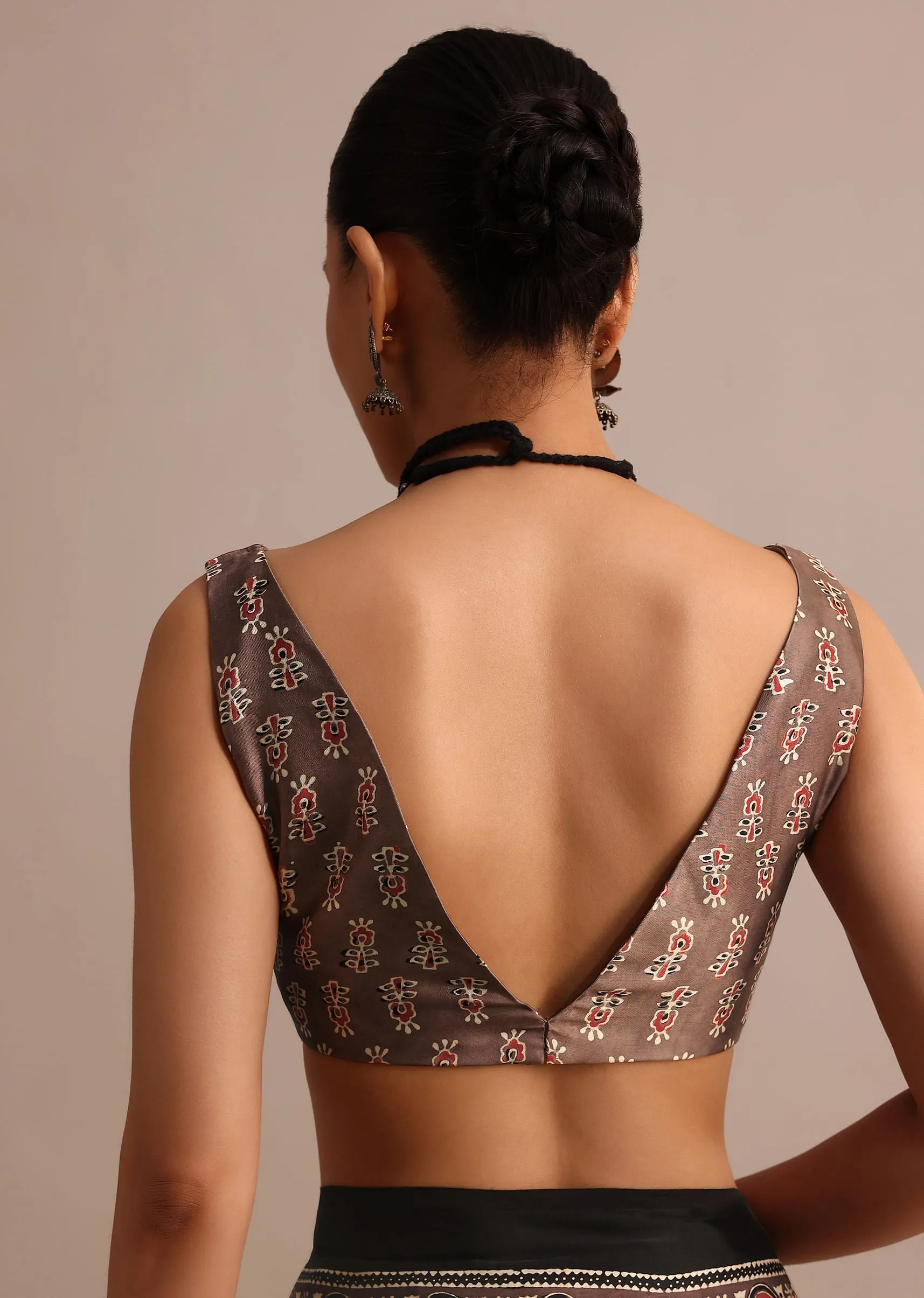 Brown Modal Satin Ajrakh Handblock Printed Saree