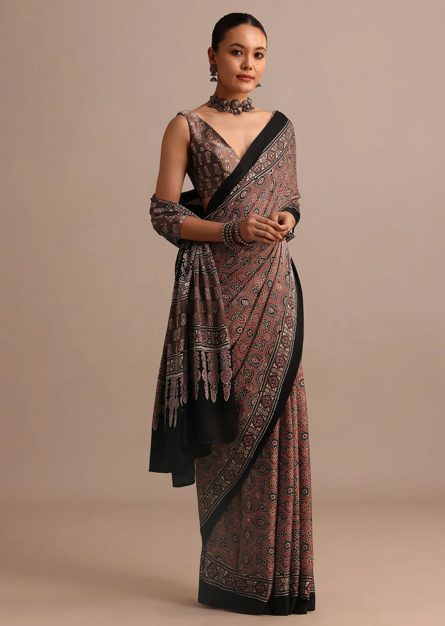 Brown Modal Satin Ajrakh Handblock Printed Saree