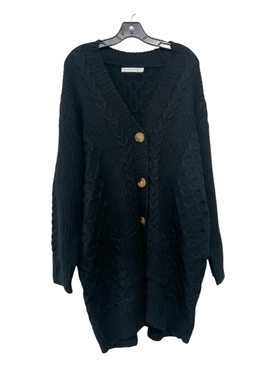 By Egreis Size L Black Acrylic Button Up Cable Knit Rib Knit Chunky Cardigan