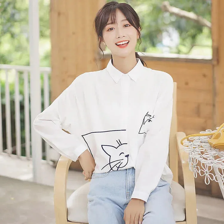 Cartoon Kitty Embroidery Pocket Loose Collar Shirt