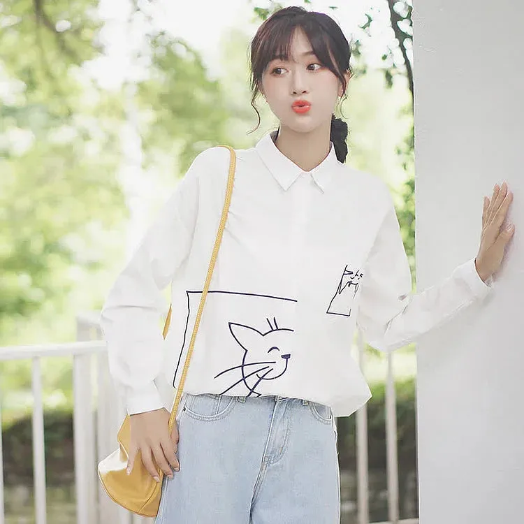 Cartoon Kitty Embroidery Pocket Loose Collar Shirt