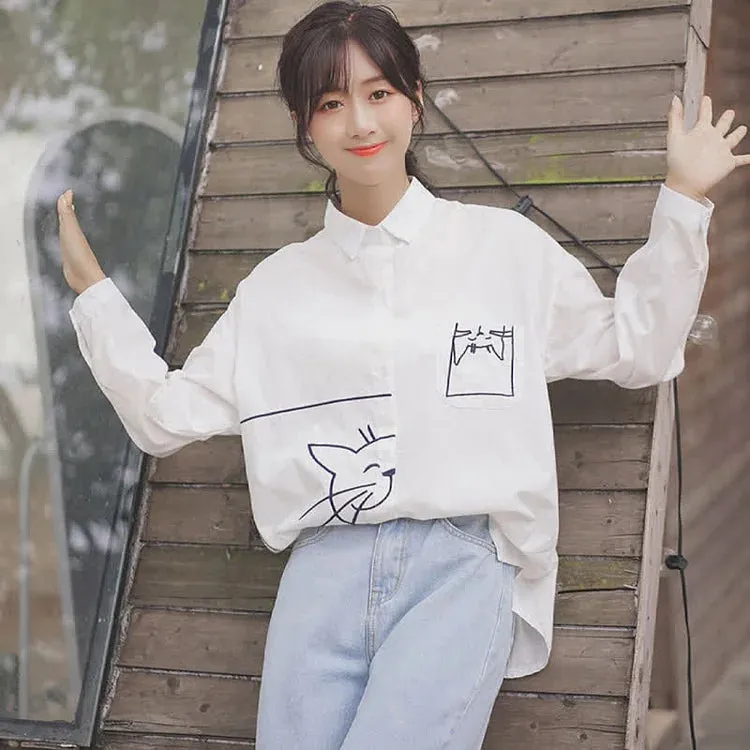 Cartoon Kitty Embroidery Pocket Loose Collar Shirt
