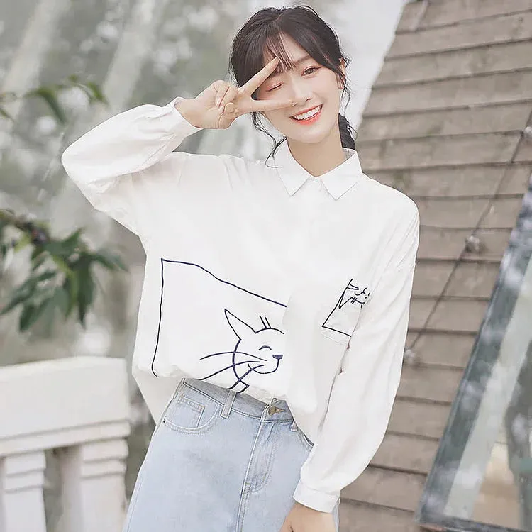 Cartoon Kitty Embroidery Pocket Loose Collar Shirt