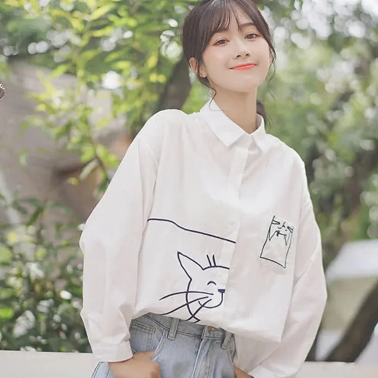 Cartoon Kitty Embroidery Pocket Loose Collar Shirt