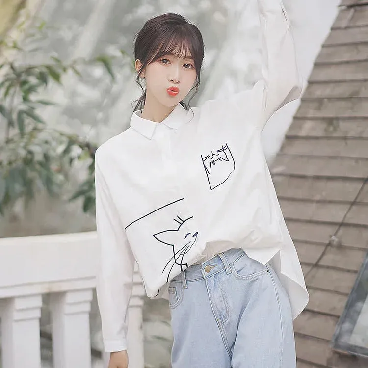 Cartoon Kitty Embroidery Pocket Loose Collar Shirt