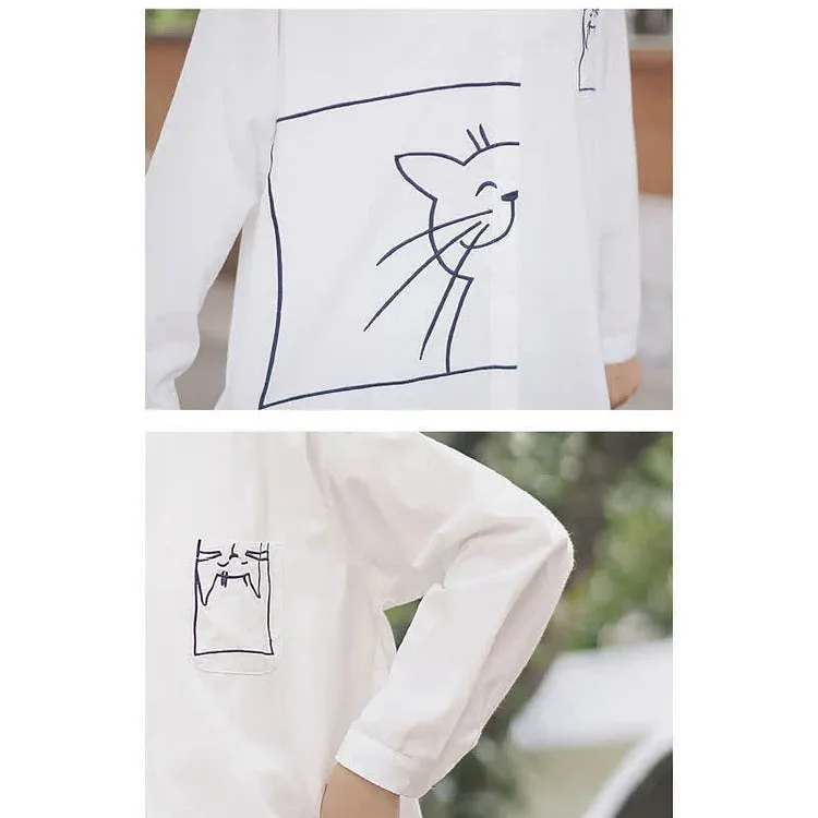 Cartoon Kitty Embroidery Pocket Loose Collar Shirt