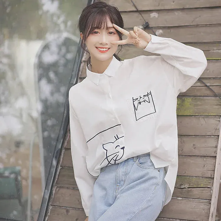 Cartoon Kitty Embroidery Pocket Loose Collar Shirt