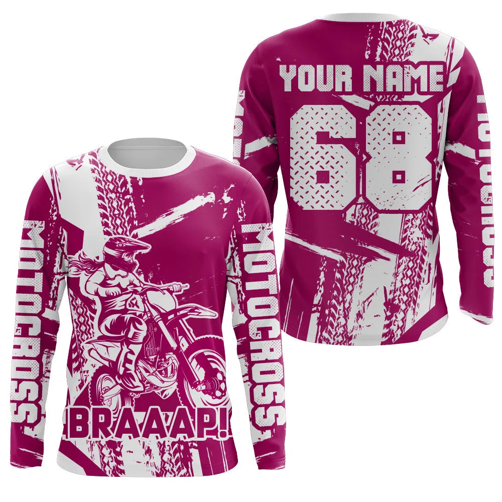 Custom Braaap Motocross Jersey Pink Dirt Bike Shirt UPF30  Youth Motorcycle Racing Girls Off-road Jersey