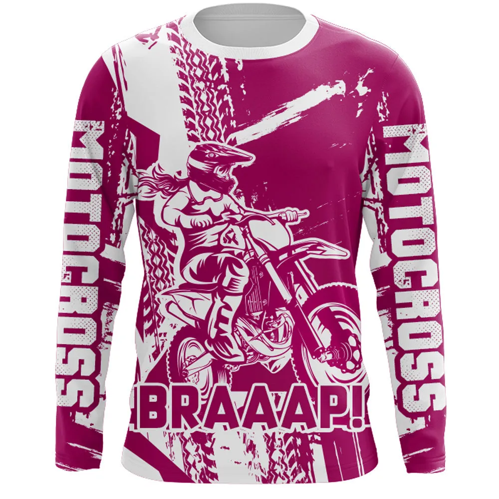 Custom Braaap Motocross Jersey Pink Dirt Bike Shirt UPF30  Youth Motorcycle Racing Girls Off-road Jersey