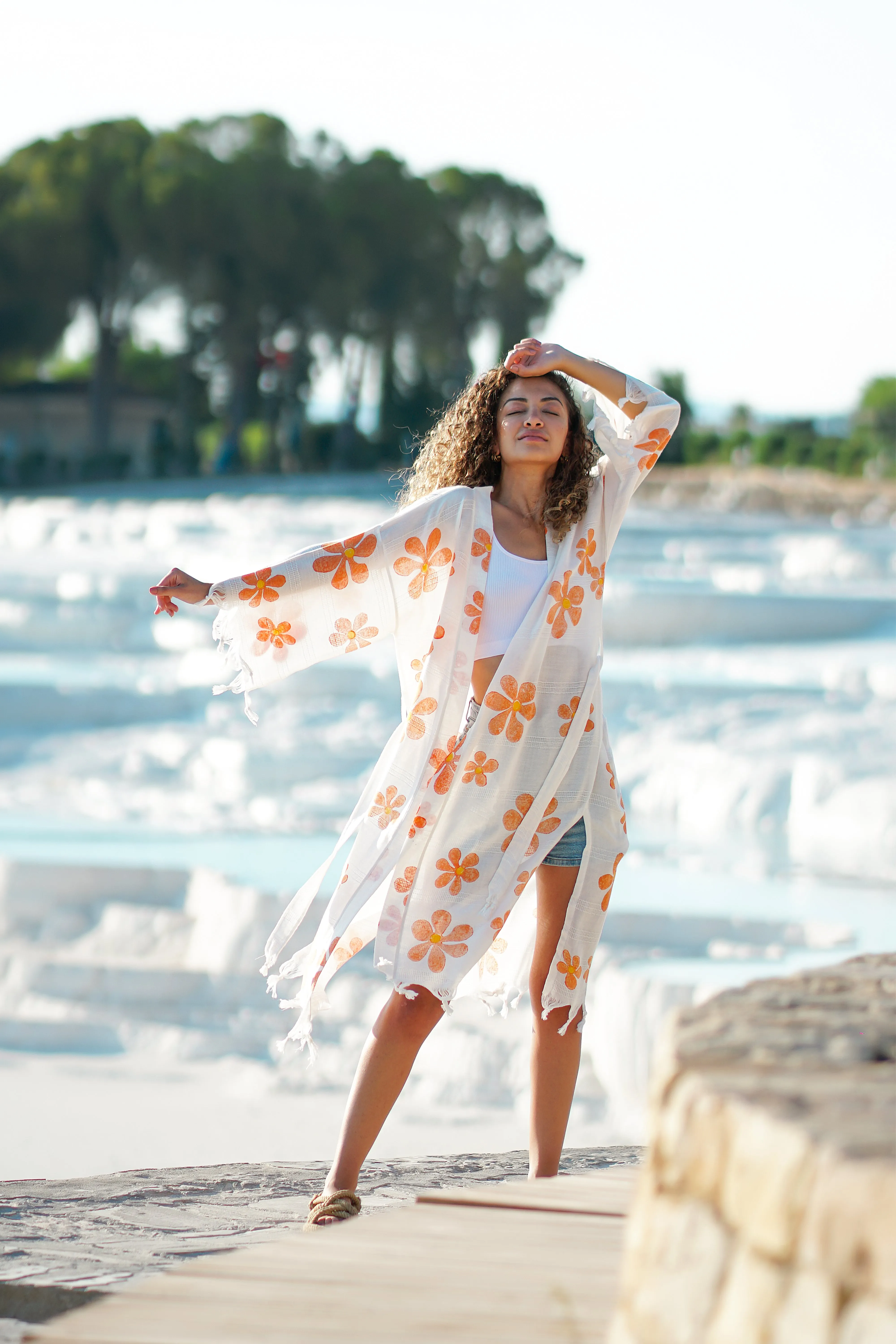 Daisy Boho Kimono With Soft Texture - Orange