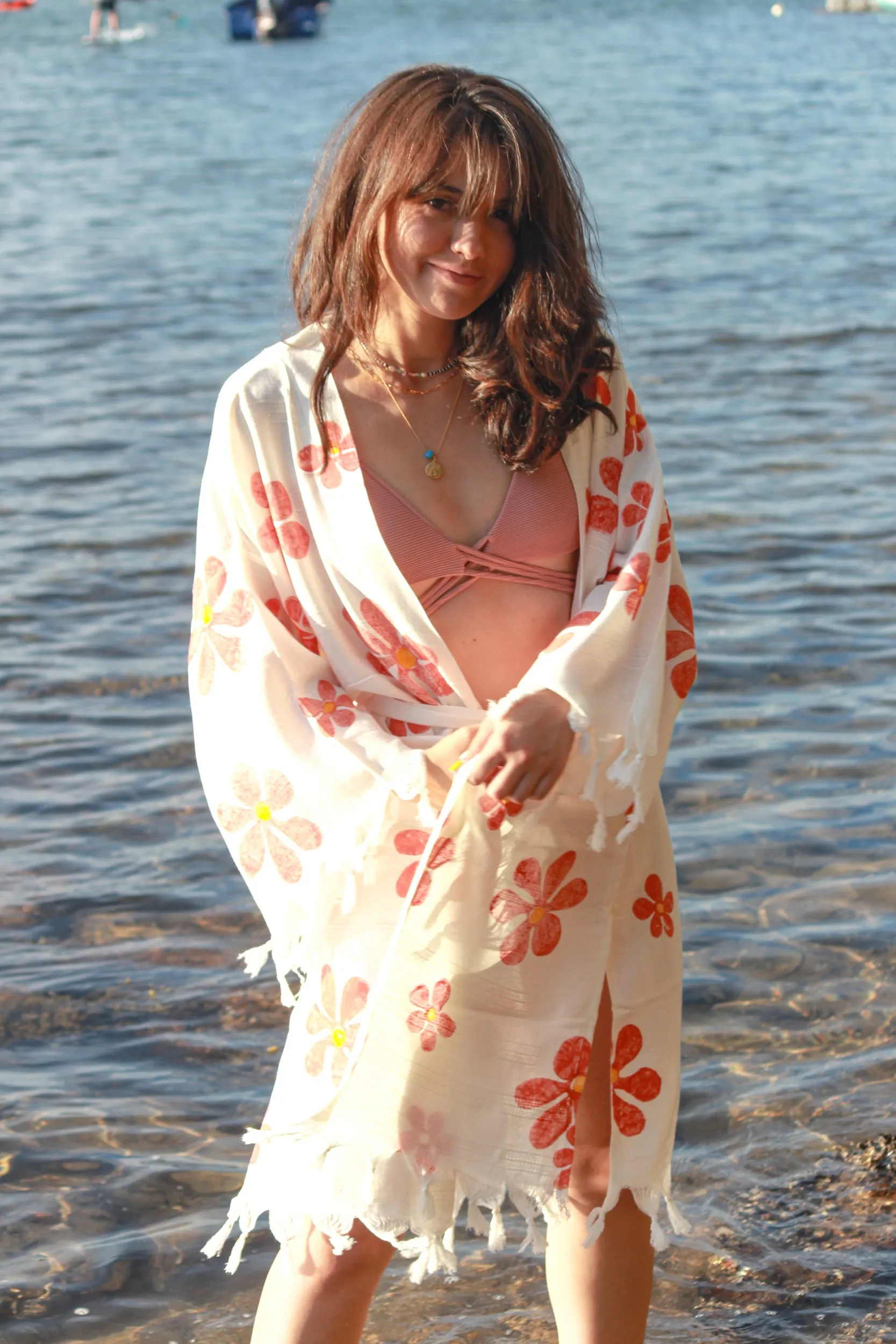 Daisy Boho Kimono With Soft Texture - Red