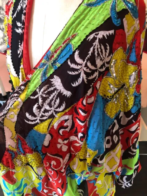 Diane Fres Blue Green Red Floral Beaded Kimono Jacket NWOT