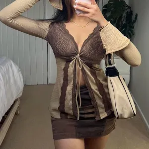 Fairycore Vintage Flare Sleeve Women Blouse Top Lace Patchwork Sexy Shirt Front Tie-Up Cardigan Split Contrast Color