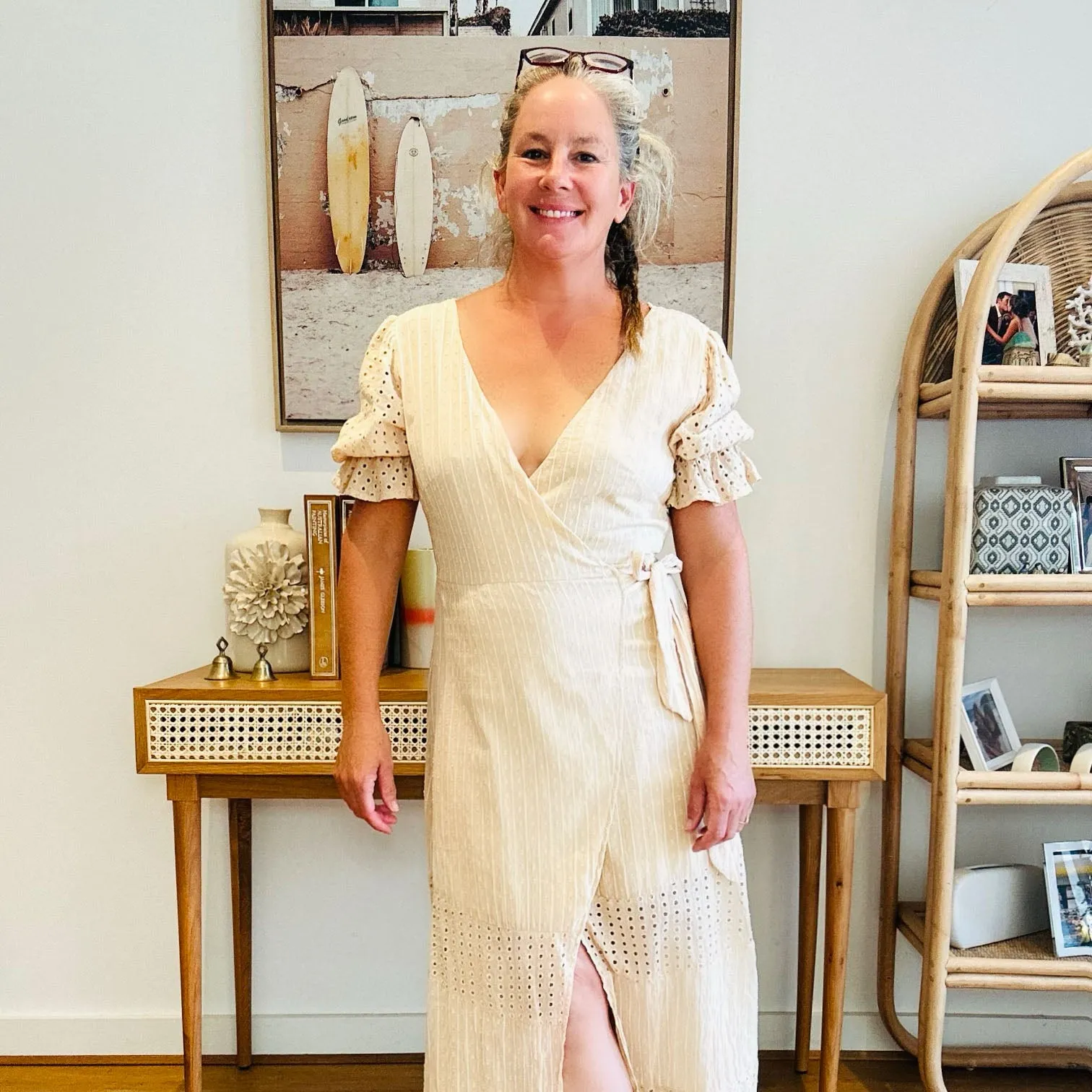 Freya Beige Embroidered Wrap Dress