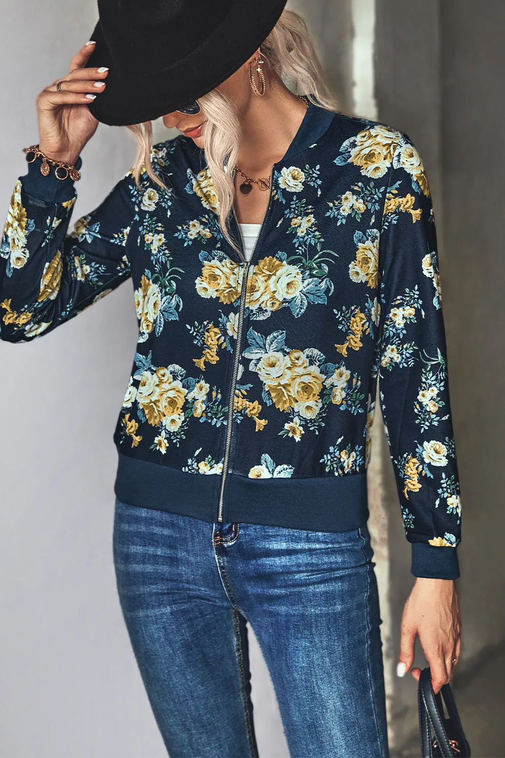Front Open Zipper Floral Print Autumn Outfits Jackets