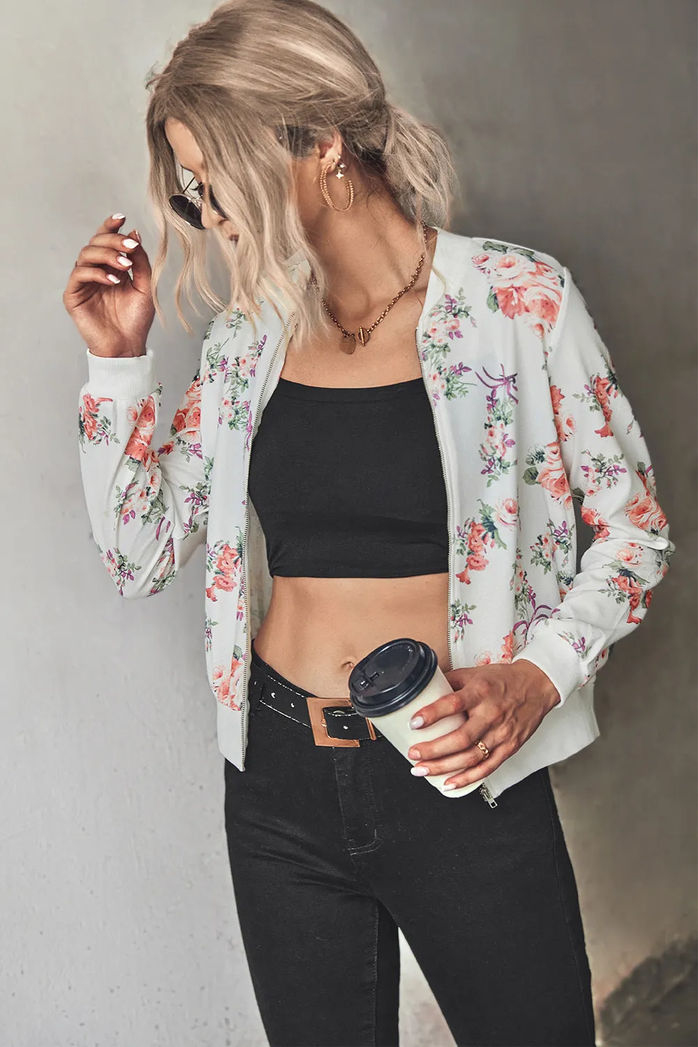 Front Open Zipper Floral Print Autumn Outfits Jackets