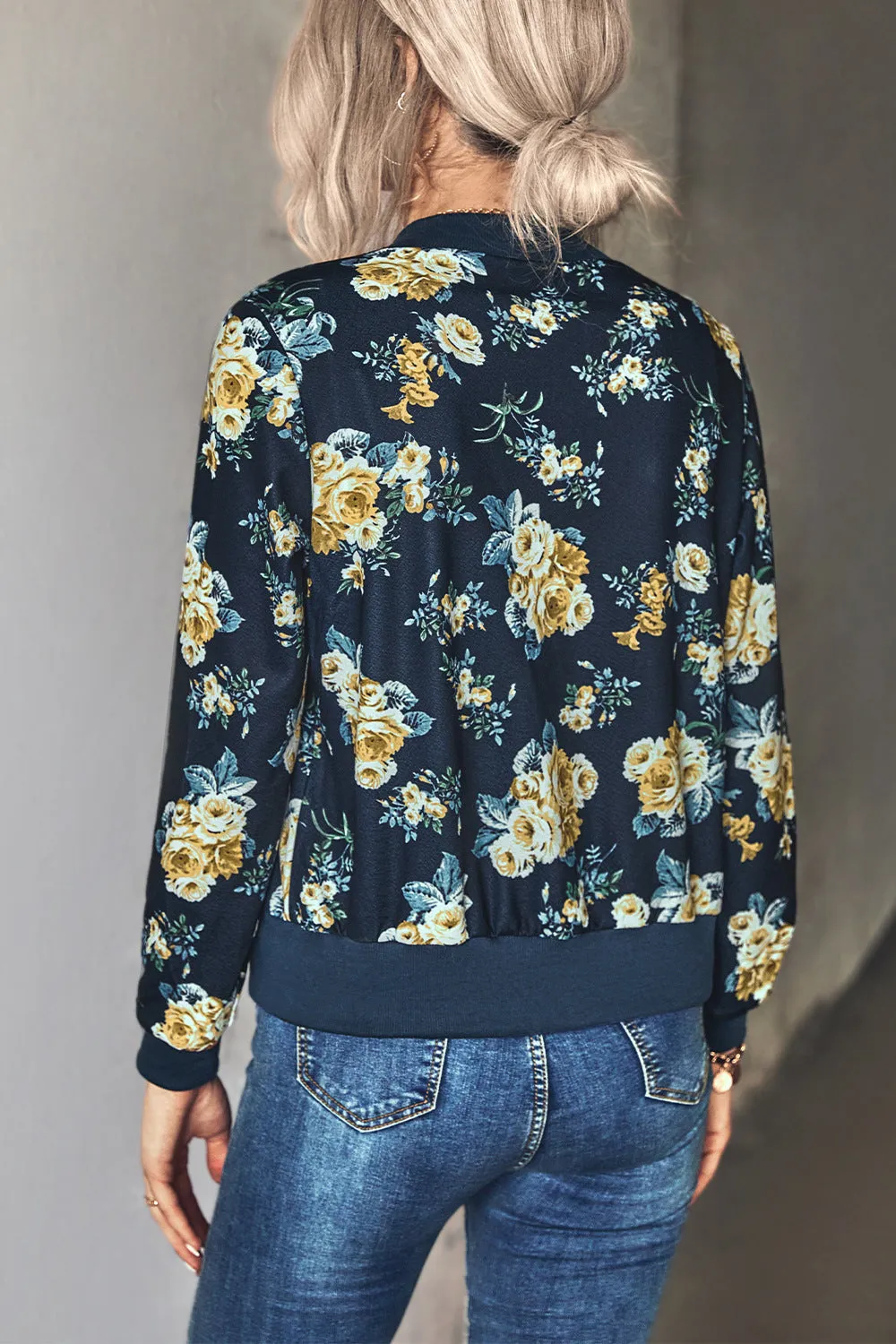 Front Open Zipper Floral Print Autumn Outfits Jackets