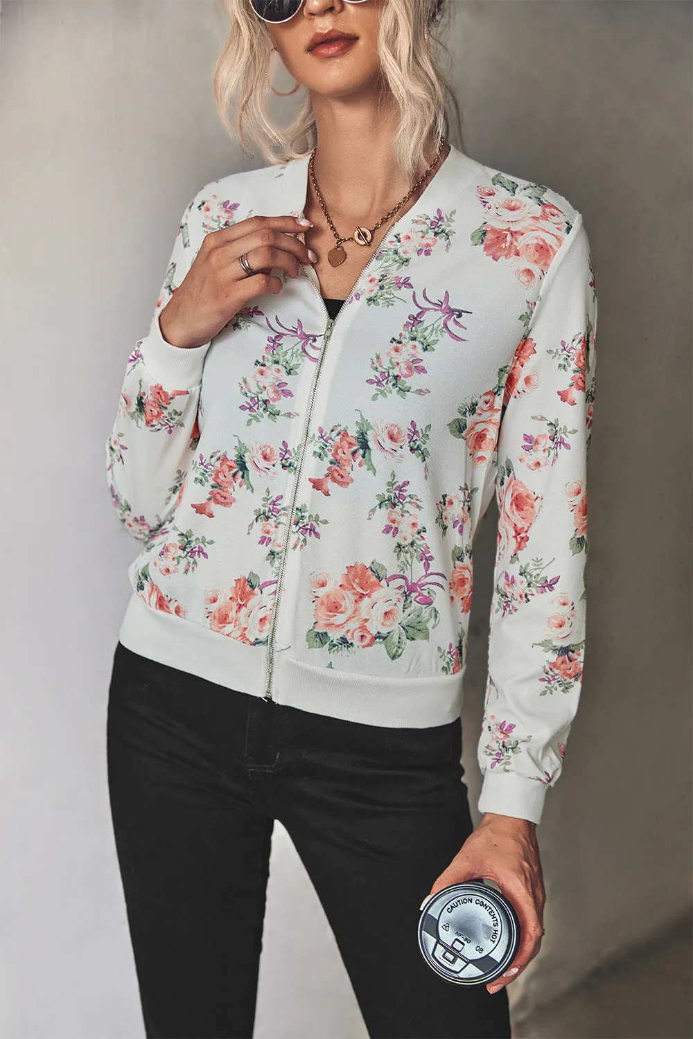 Front Open Zipper Floral Print Autumn Outfits Jackets
