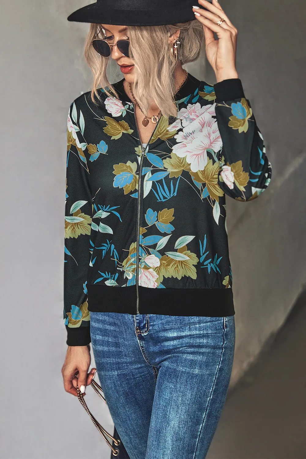 Front Open Zipper Floral Print Autumn Outfits Jackets