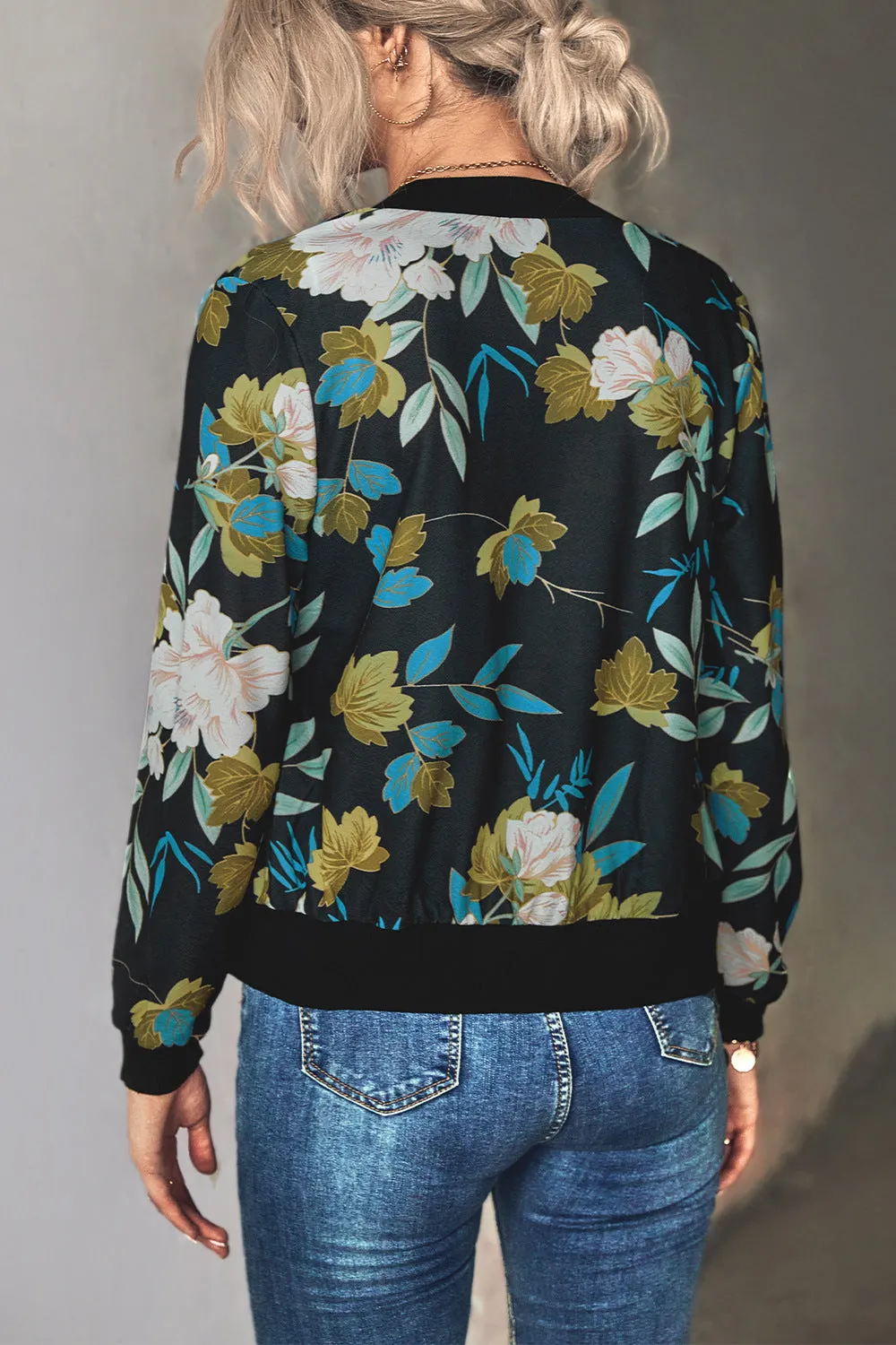 Front Open Zipper Floral Print Autumn Outfits Jackets