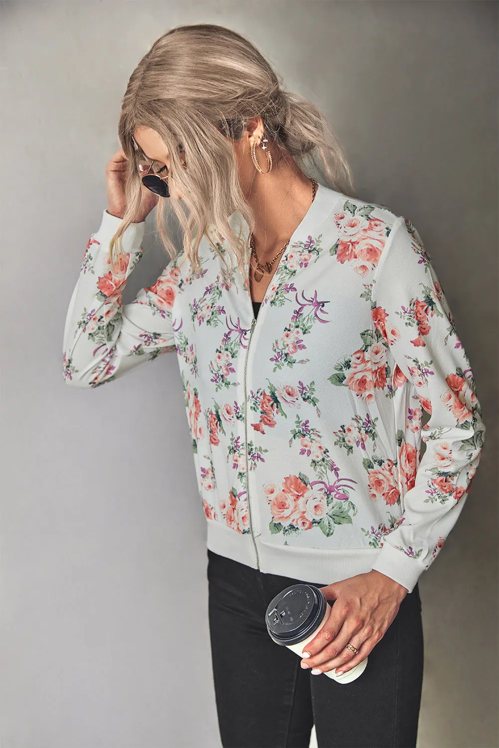 Front Open Zipper Floral Print Autumn Outfits Jackets