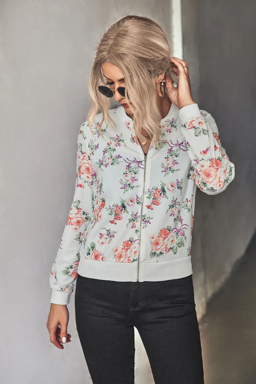 Front Open Zipper Floral Print Autumn Outfits Jackets