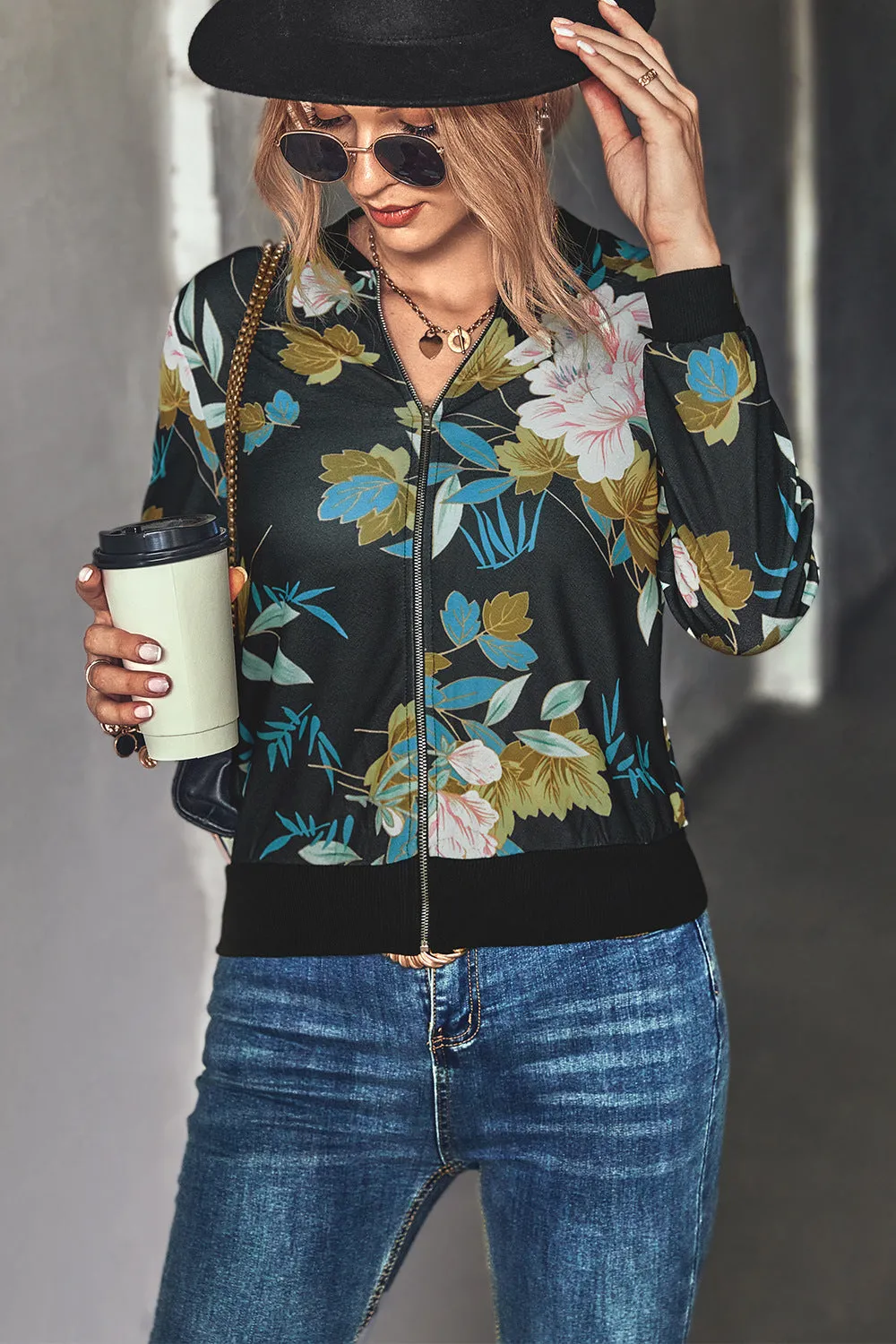 Front Open Zipper Floral Print Autumn Outfits Jackets