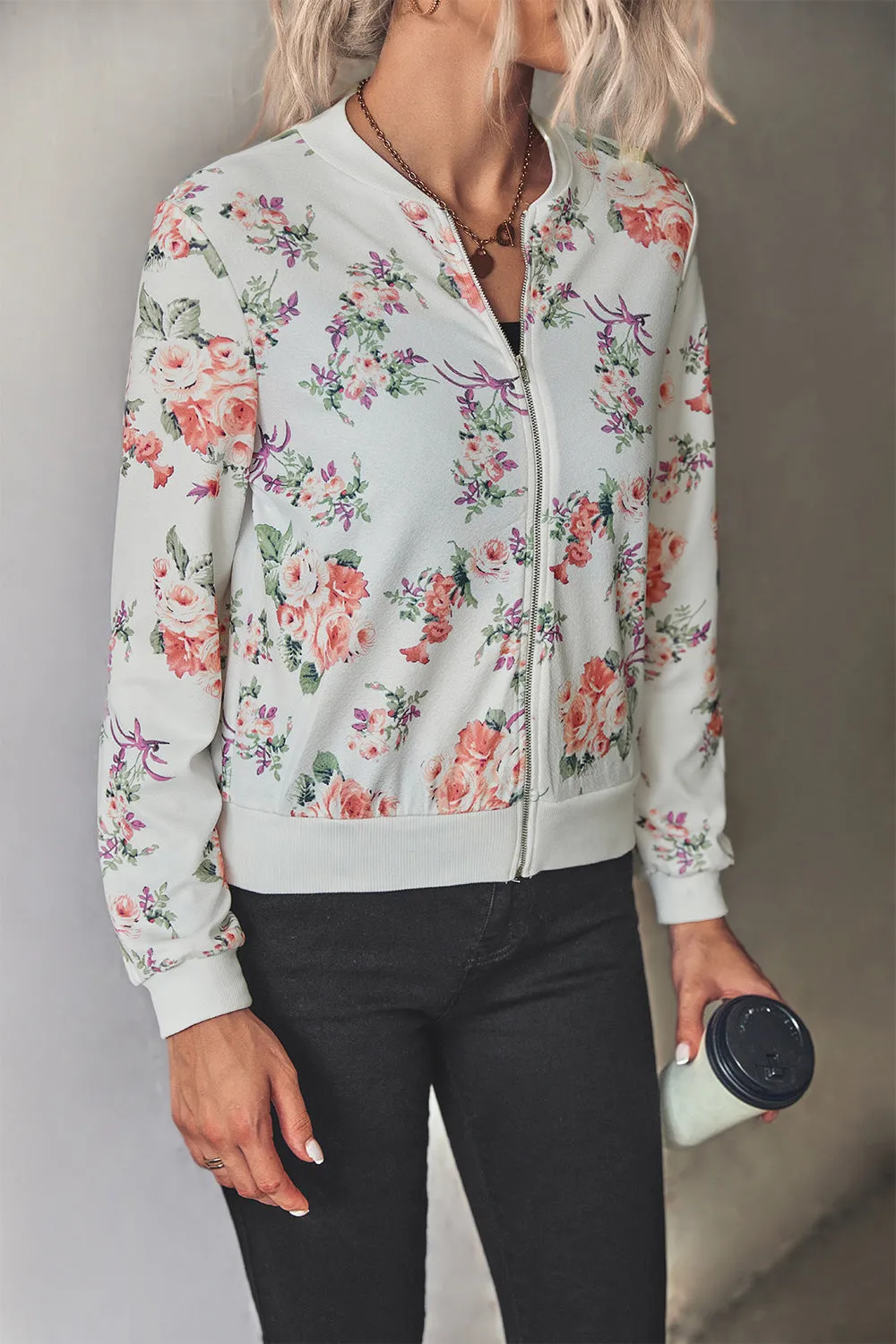 Front Open Zipper Floral Print Autumn Outfits Jackets