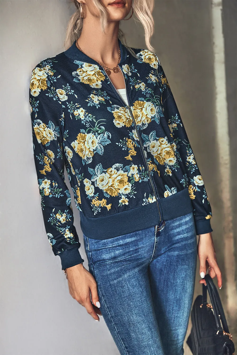 Front Open Zipper Floral Print Autumn Outfits Jackets