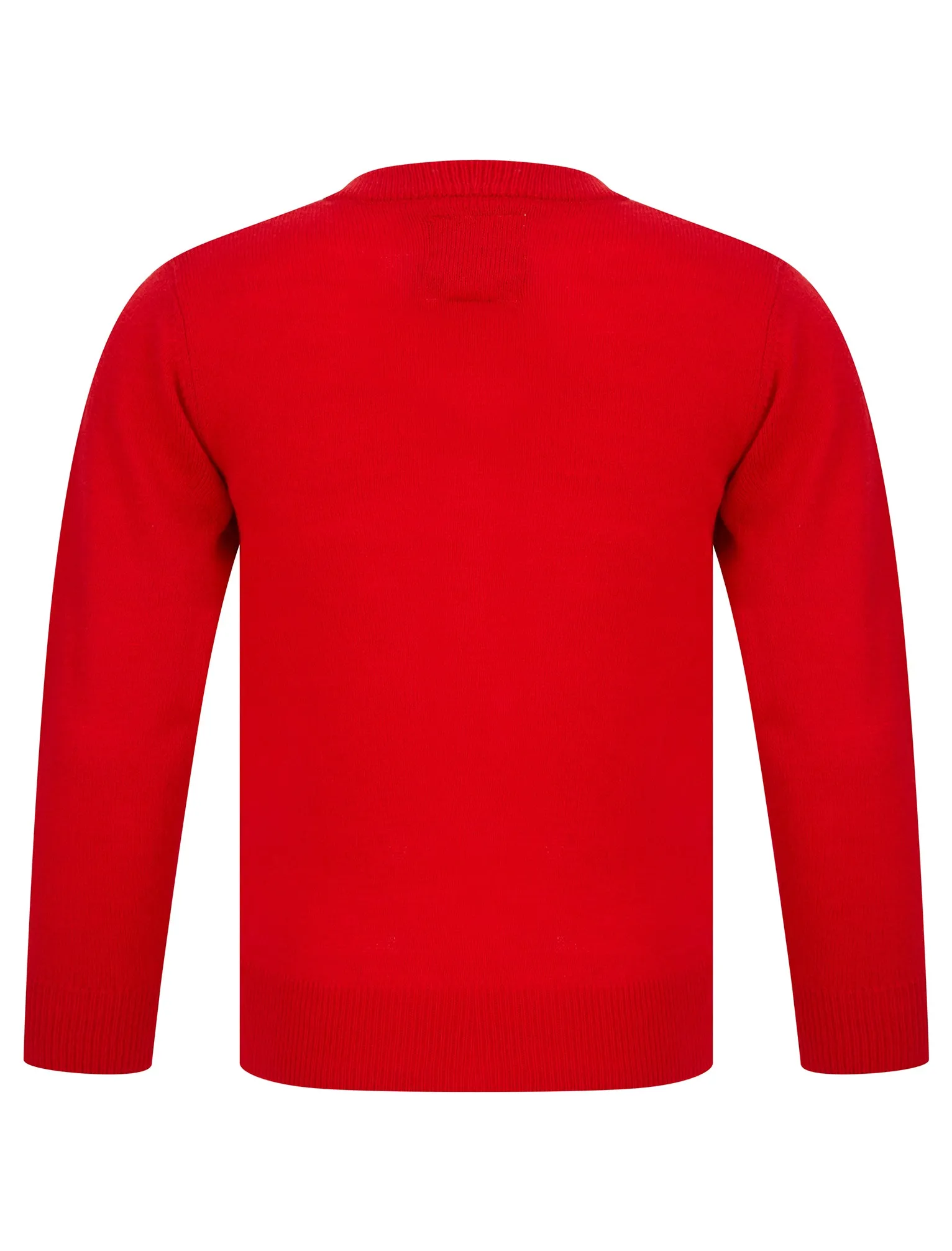 Girl's Waving Reindeer Pom Pom Nose Novelty Christmas Jumper in Tokyo Red - Merry Christmas Kids (4-12yrs)