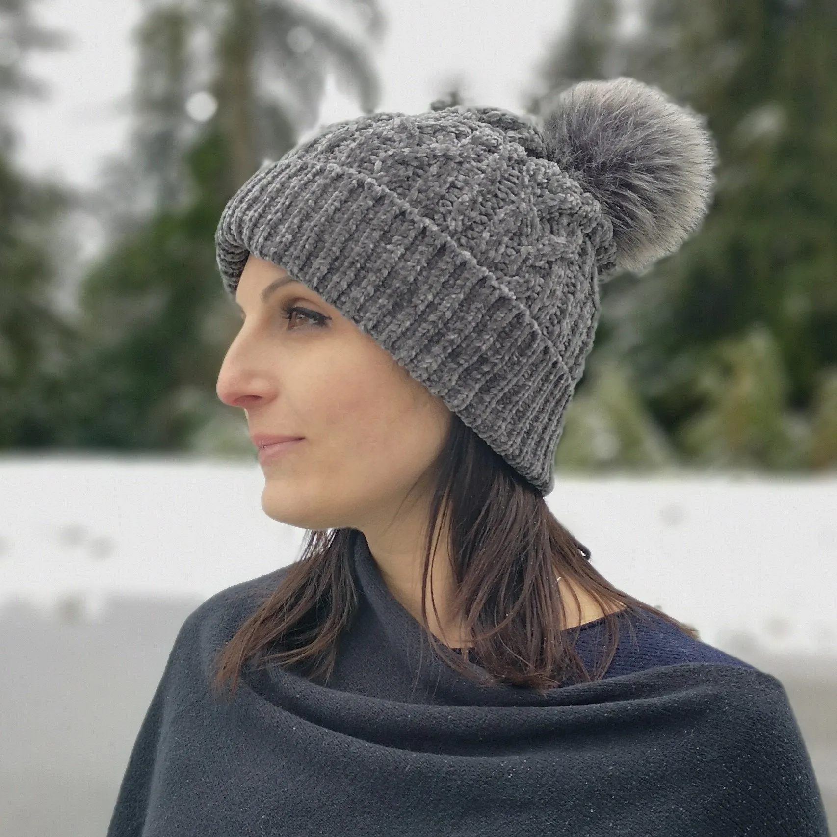 Grey Chenille Cable Knit - Beanie Hat Adult