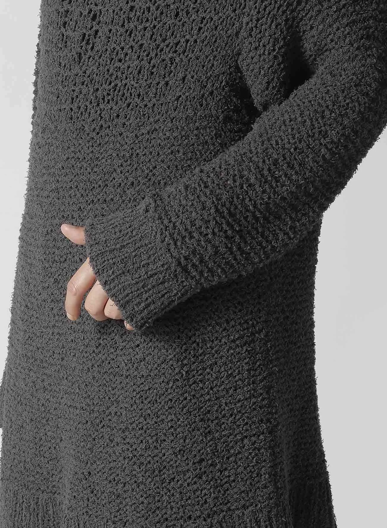 HAND KNITTED DAMAGE PROCESSED GARTER ROUND NECK LONG SLV