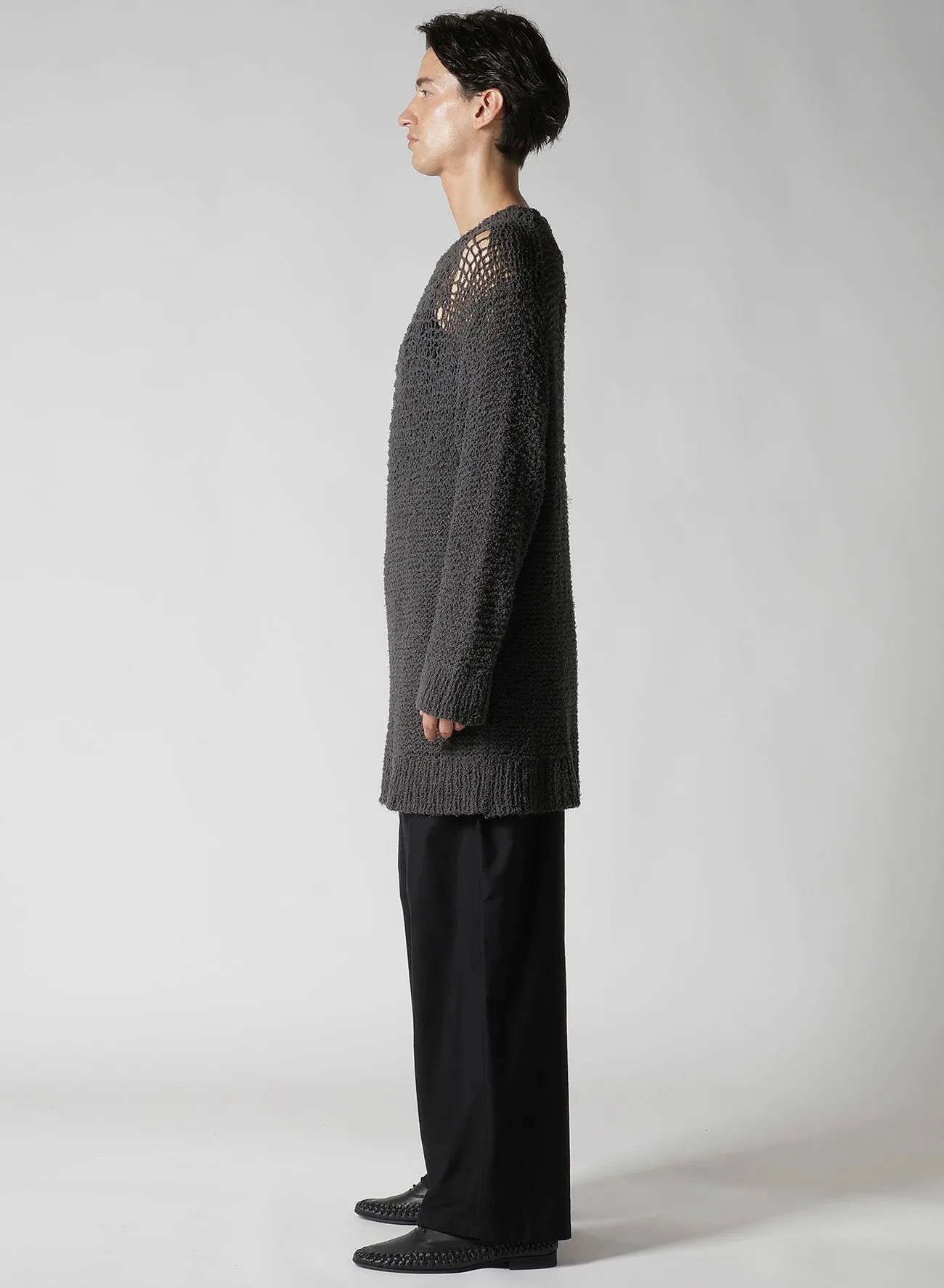 HAND KNITTED DAMAGE PROCESSED GARTER ROUND NECK LONG SLV