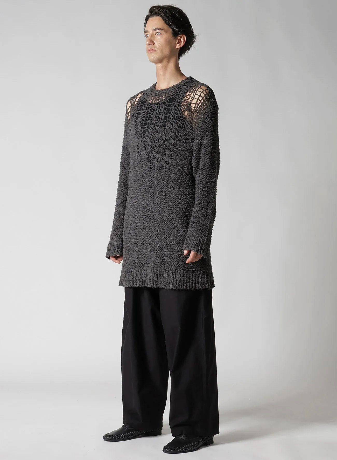 HAND KNITTED DAMAGE PROCESSED GARTER ROUND NECK LONG SLV