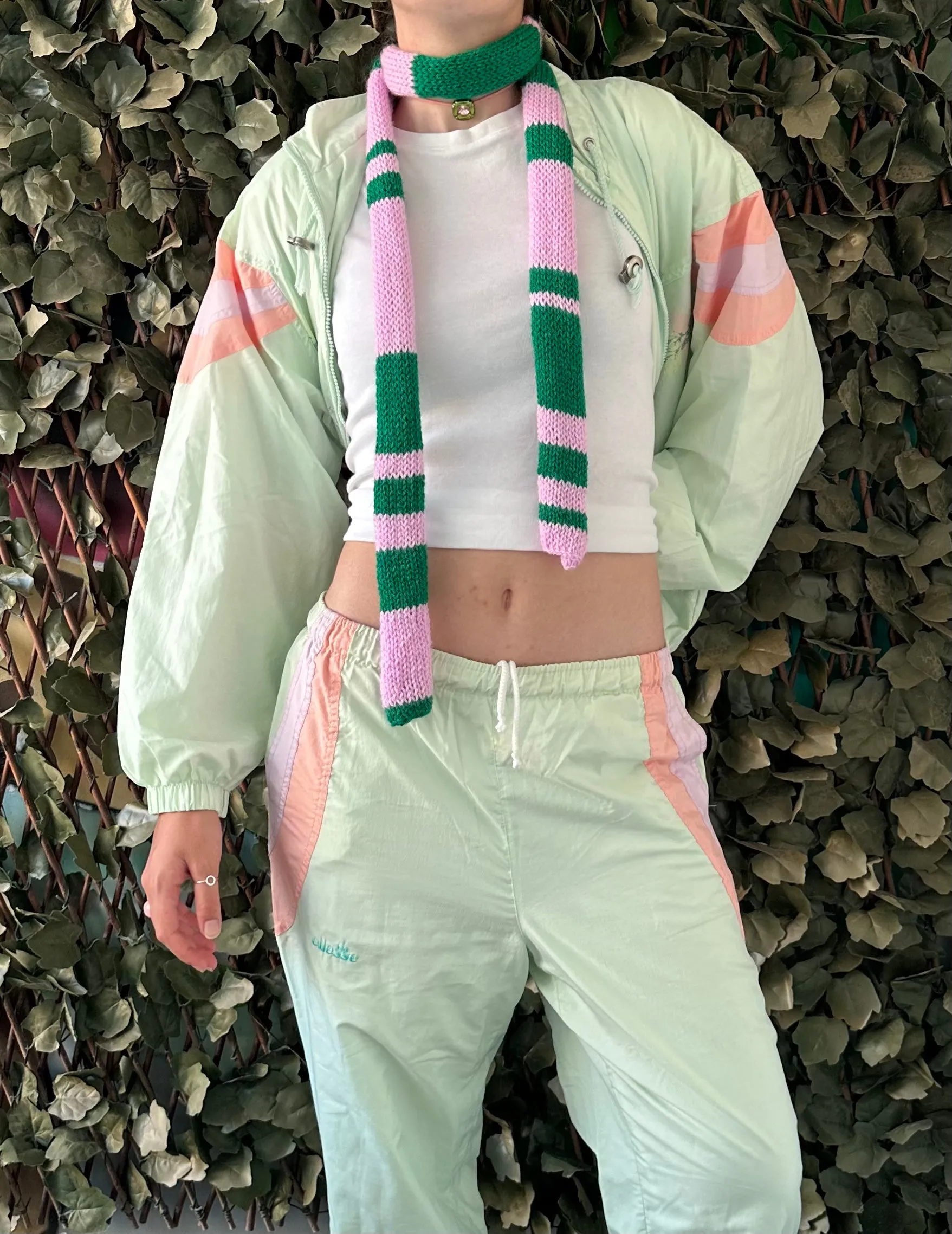 Handmade knitted stripy skinny scarf in baby pink and green
