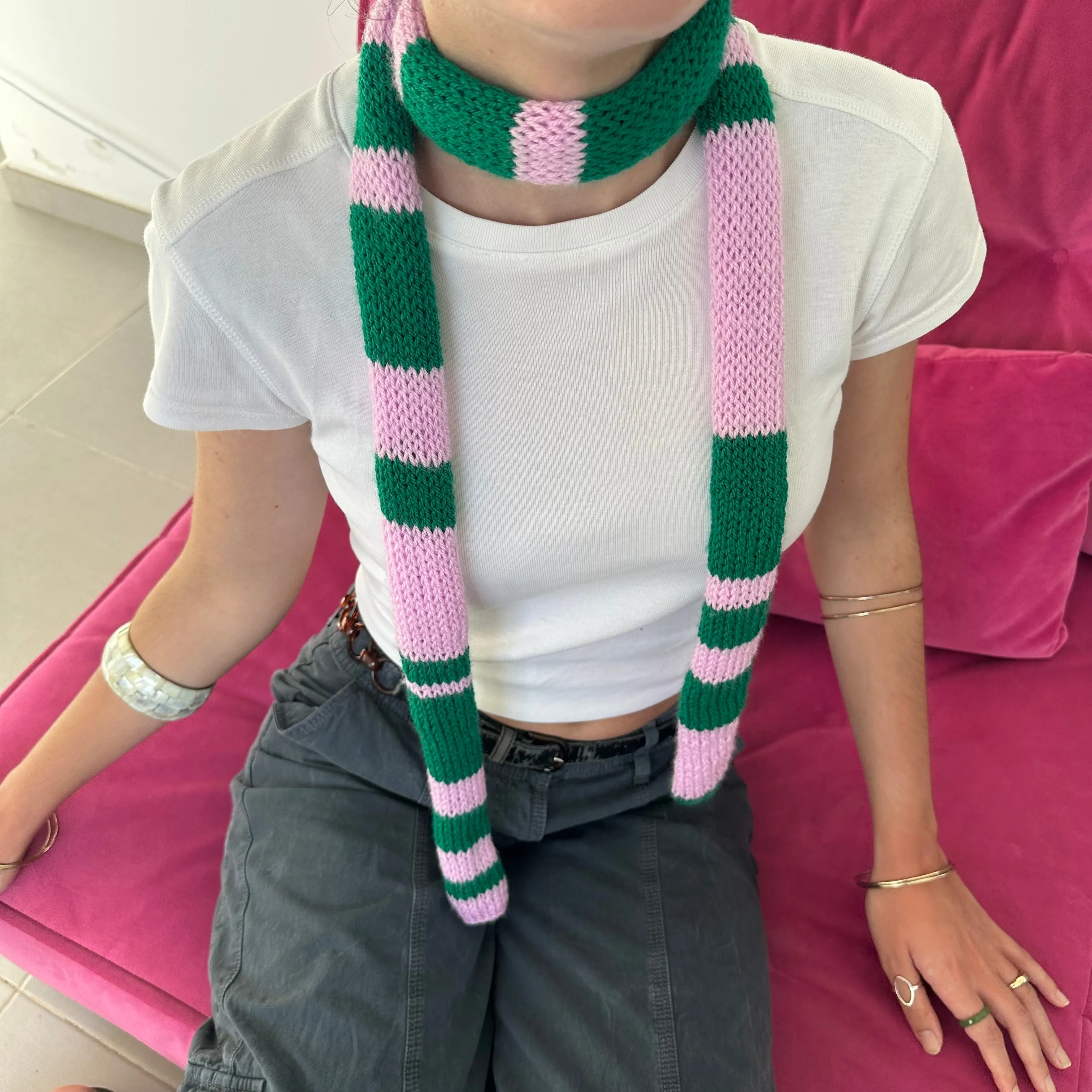 Handmade knitted stripy skinny scarf in baby pink and green